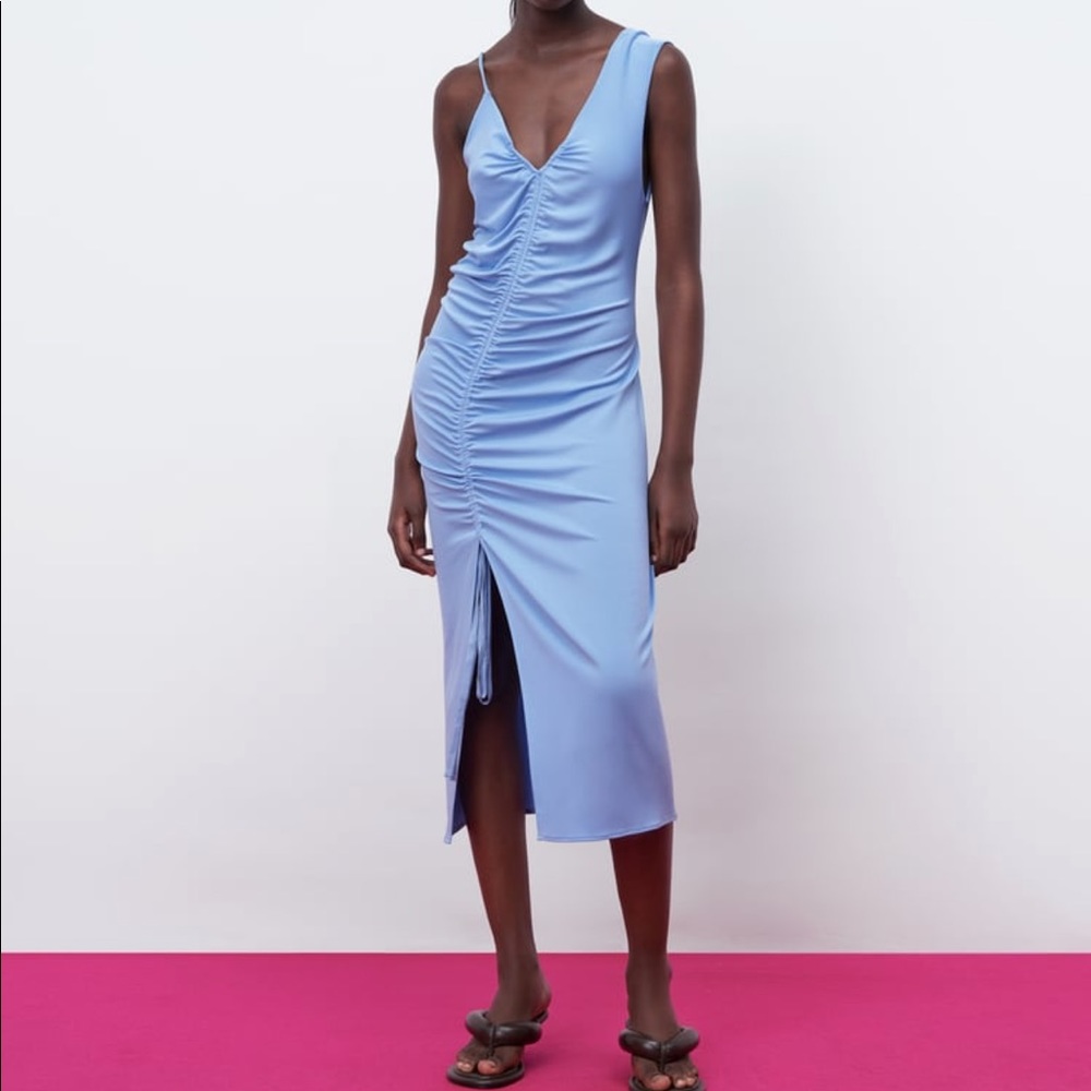 Zara Light Blue Ruched Midi Dress